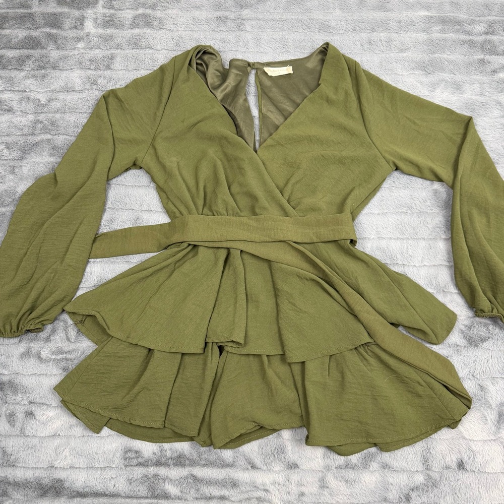 Altar'd State Olive Green Ruffle Layered Long Sleeve Romper Size M Made In USA